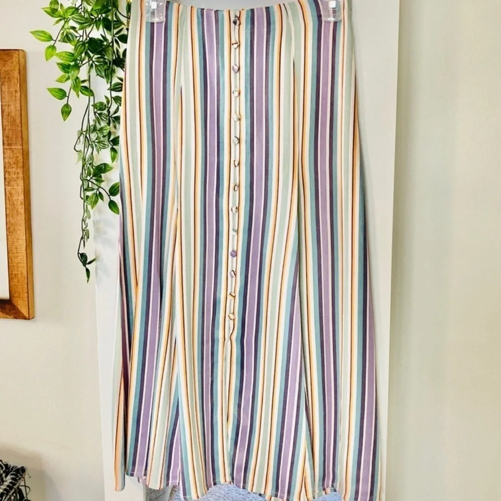 Anthropologie Maeve Silky Freya striped Freya Button lagenlook Midi Skirt 0/W26
